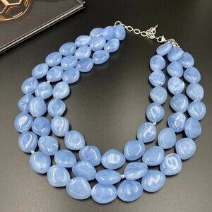 Blue Chalcedony Beaded Statement Necklace Layered Sky Blue Chambray Bib